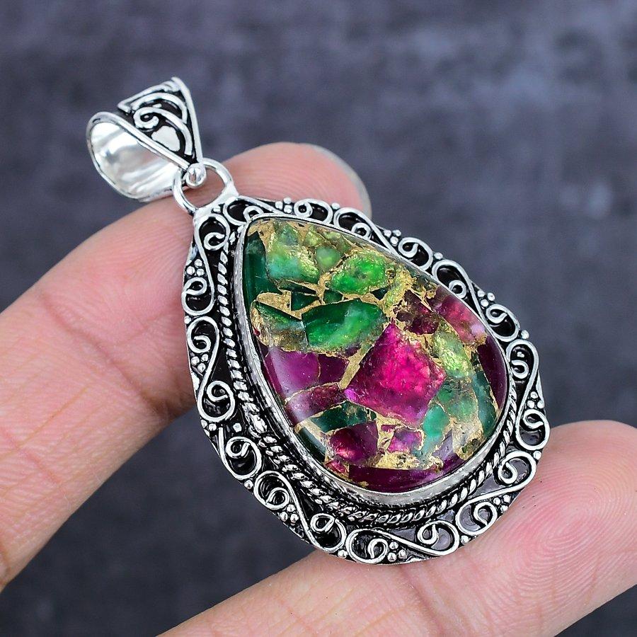 Natural Copper Pink Tourmaline 925 Sterling Silver Jewelry Pendant 2.17" ETC-14030