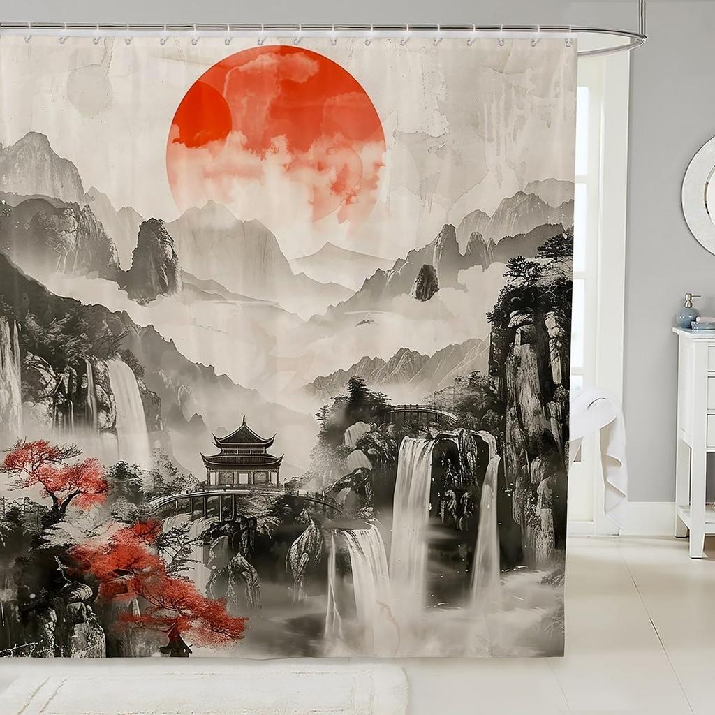 Japanese Samurai Bath Curtain Boys Girls  Landscape Shower Curtain for Kids Women Men Waterproof Sunset Bathroom Shower Curtain