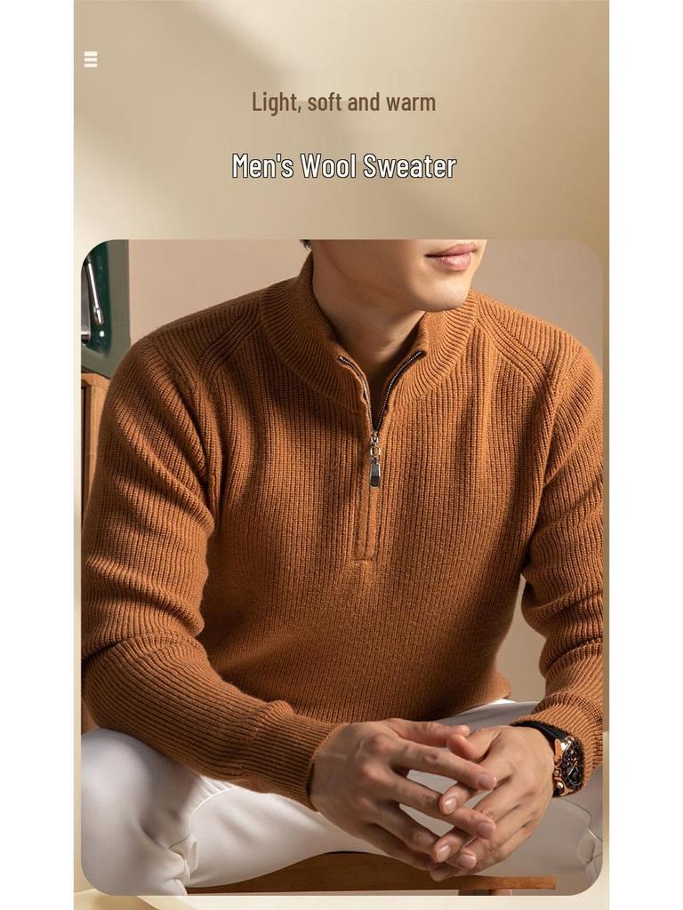 Men's 100% Pure Wool Half-Zip Turtleneck Sweater - Warm, Thick Knit for Fall/Winter