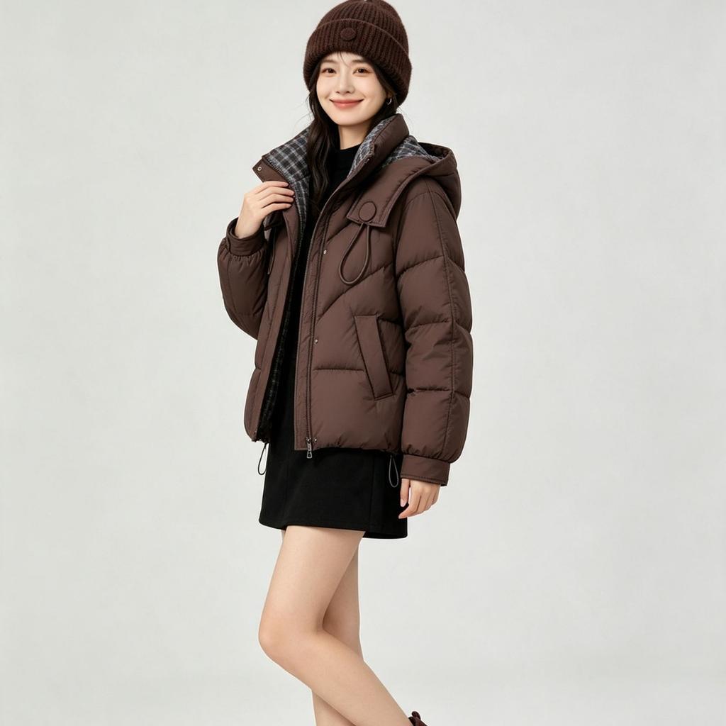 Plaid contrasting cotton clothes women's winter new loose college style hooded warm thickened fashion coat