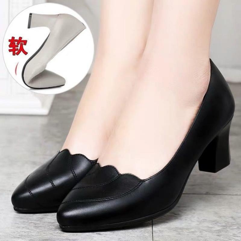 Shallow Mouth Fashion Soft Leather Thick Heel Middle Heel Single Shoes Are Not Tired of Standing for a Long Time, Daily Commuting Middle-aged Women S