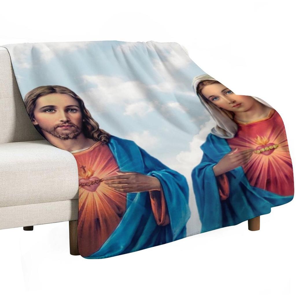 Sacred and Immaculate Hearts (Jesus and Mary) with sky background Throw Blanket Multi Use Warm Blanket for Living Room Bedroom