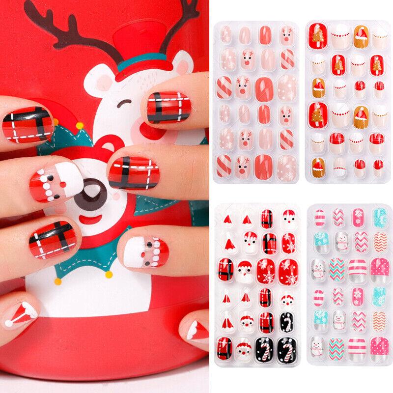 24PCS Kids Christmas Fake Nails Press On Full Cover Stick On False Nail Tips *