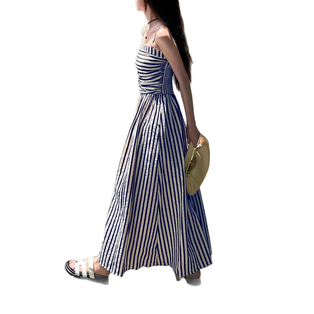 European and American summer new striped suspender dress femininity waist open shoulder tube top dress black blue