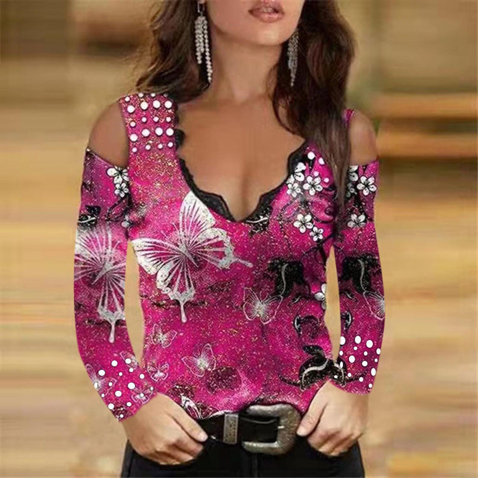 

Women s Long Sleeve Sexy Floral Printed V-neck Lace Strapless T-shirt Blouse Top S