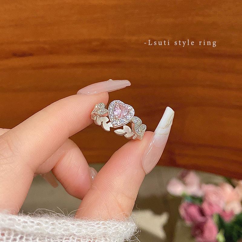 Pink Love Zircon Ring Women's Light Luxury Niche Ring Ring Sweet Couple Ring with Jewelry