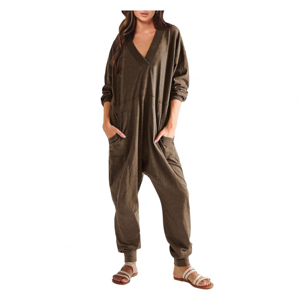 Women Fall Winter Jumpsuit V-Neck Long Sleeve Comfortable Fit Oversized One Tone Pockets Deep Crotch Carryallgy Ankle-banded Soft Lady Pajam