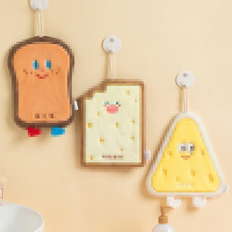 Cute coral fleece cartoon bread cheese hand towel hanging towel soft absorbent bathroom kitchen no hair loss