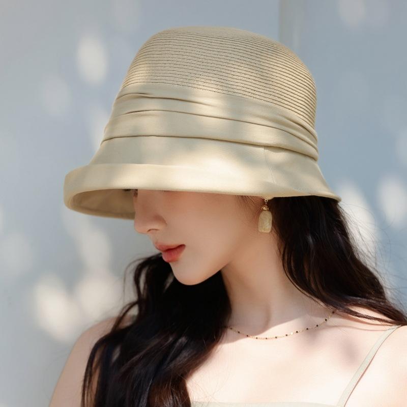 Elegant Straw Splicing Sunshade Bucket Hat Women Travel Beach Straw Hat Outdoor Sun Hat