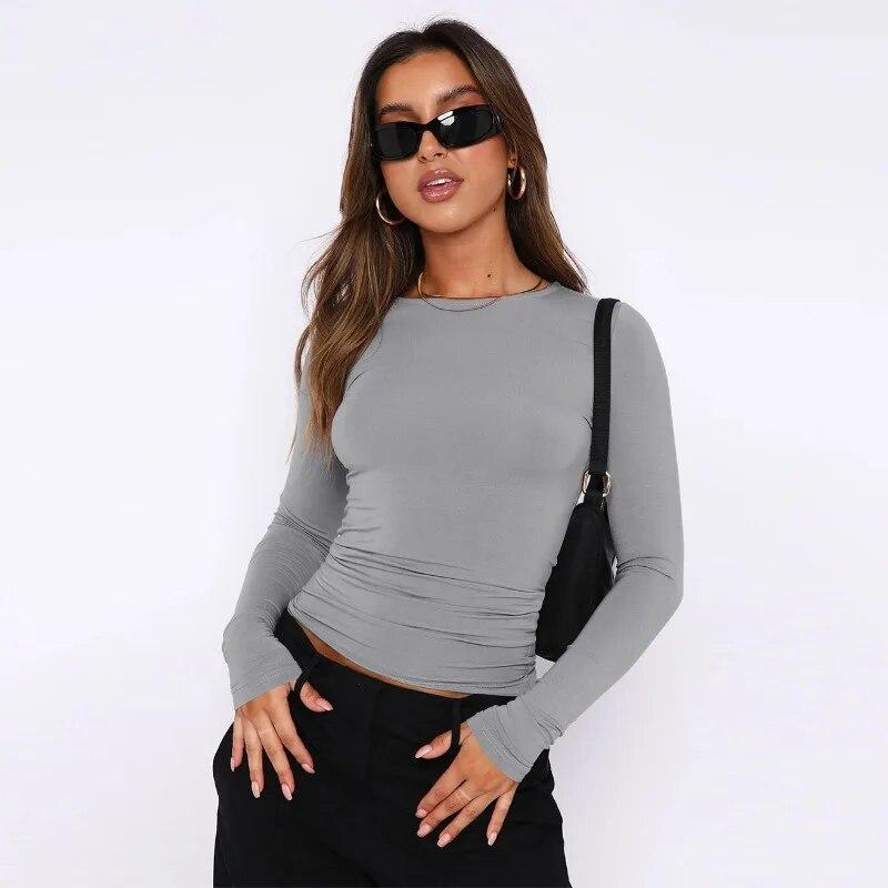 Fashion Y2K Casual Long Sleeve Tshirts Woman Round Neck Elegant Slim Fit T-shirt Women Tops Solid Skinny Office Lady Tees 30634