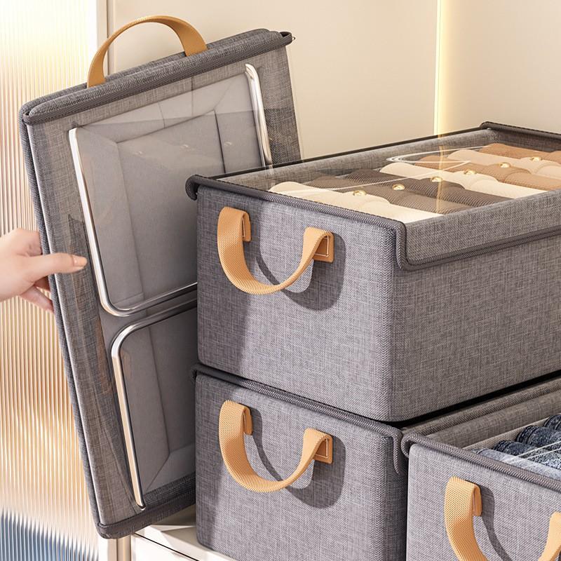 Closet Storage Box with Lid, Cationic Fabric Storage Bins for Pants & Clothes, Foldable Organizer for Home Dorm Wardrobe, Large Capacity