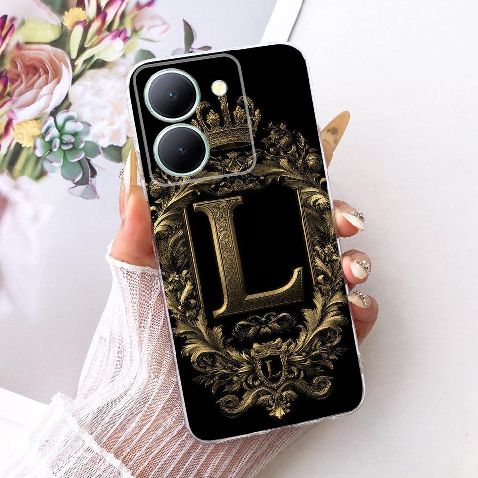 For Vivo V2322 Cover For Vivo Y27S Case Transparent Luxury Crown A-Z Letters 2D Flat Pattern Soft Phone Case For Y27S Vivo