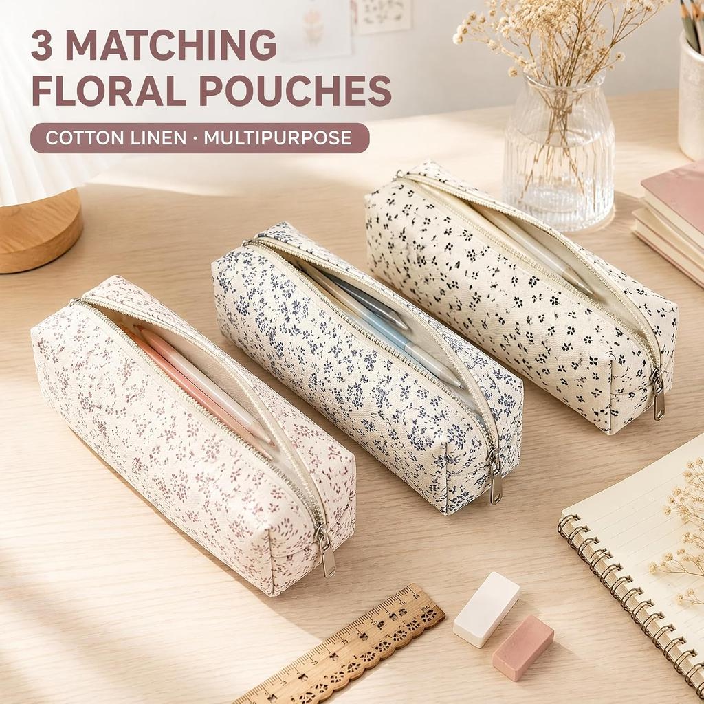 3PACK Floral Cotton Linen Pencil Pouches Cute Small Flower Print Pen Case