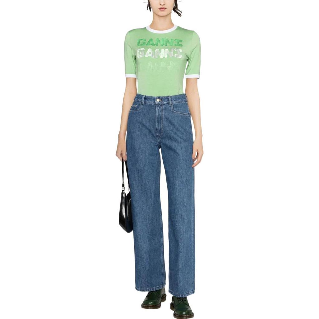 Ganni Ss23 Letter Print Round Neck Short Sleeve T-Shirt Women tops Green T3352-484