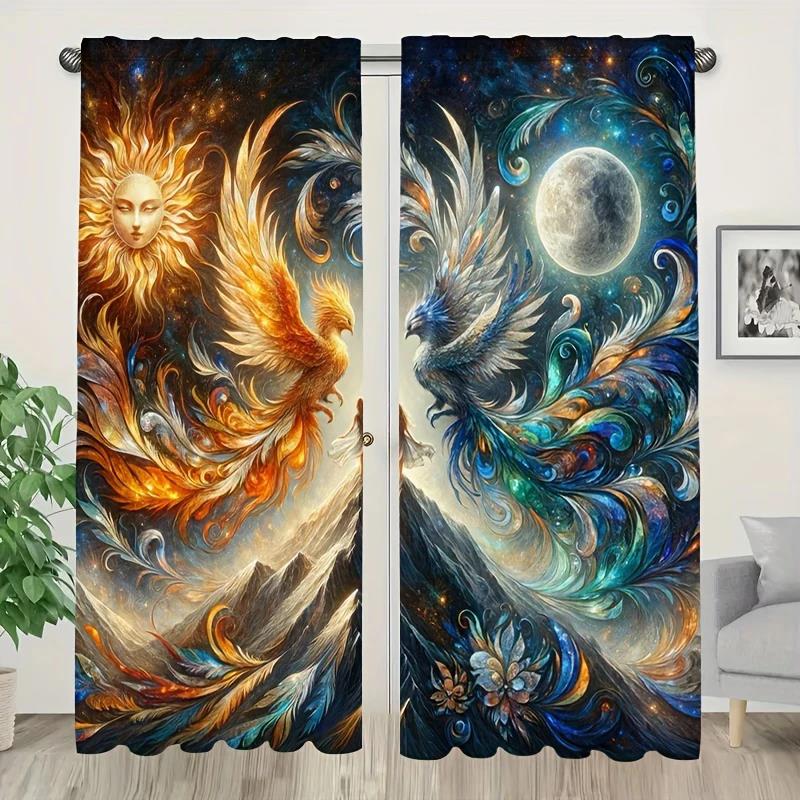 Sun, Moon and Phoenix pattern printed curtains, pole bag home decoration, room decoration