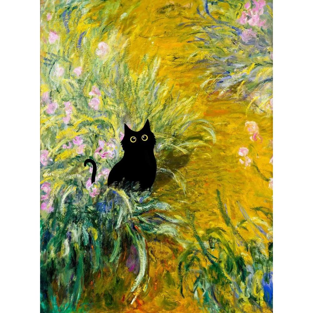 1pc Frameless Claude Monet Artworks Interesting Cute Black Cat Lotus Pond Poster Canvas Paintings for Living Room Home Decor