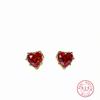 Real 925 Sterling Silver Gold Plated Red Heart Gem Stud Earrings for Women - Vintage Rivet Edge Love Shape Fashion Jewelry