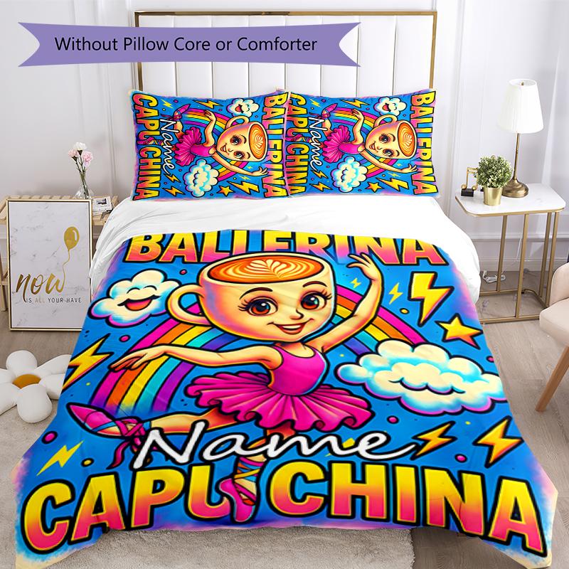 3pcs Custom Name Ballerina Capuchina Bedding Set Duvet Cover Closure Includes 1 Duvet Cover & 2 Pillowcases for All Seasons Bedroom Decor