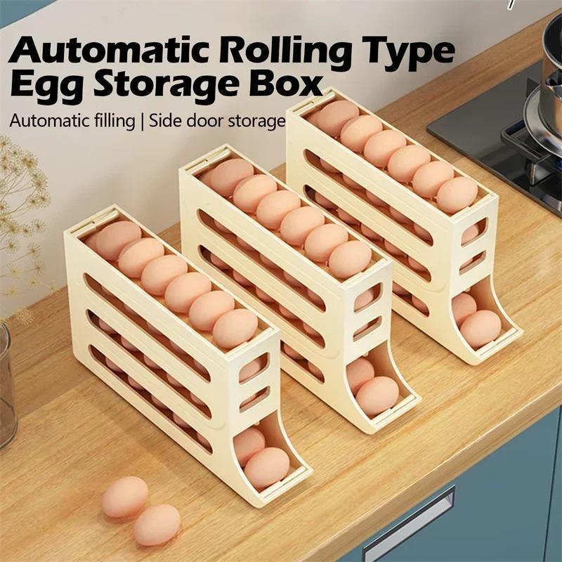 4 Tier Fridge Egg Rack Automatic Rolling Egg Holder Storage Box Container Kitchen Refrigerator Egg Dispenser Fridge Organizer