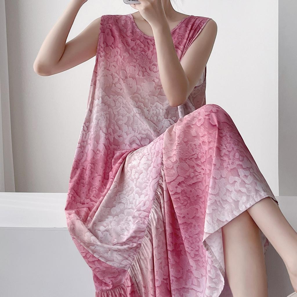 Robe de nuit sans manches en coton et soie pour femme, été, idyllique, ample, grande taille, peut être portée dehors, jupe fishtail en coton artificiel à fleurs