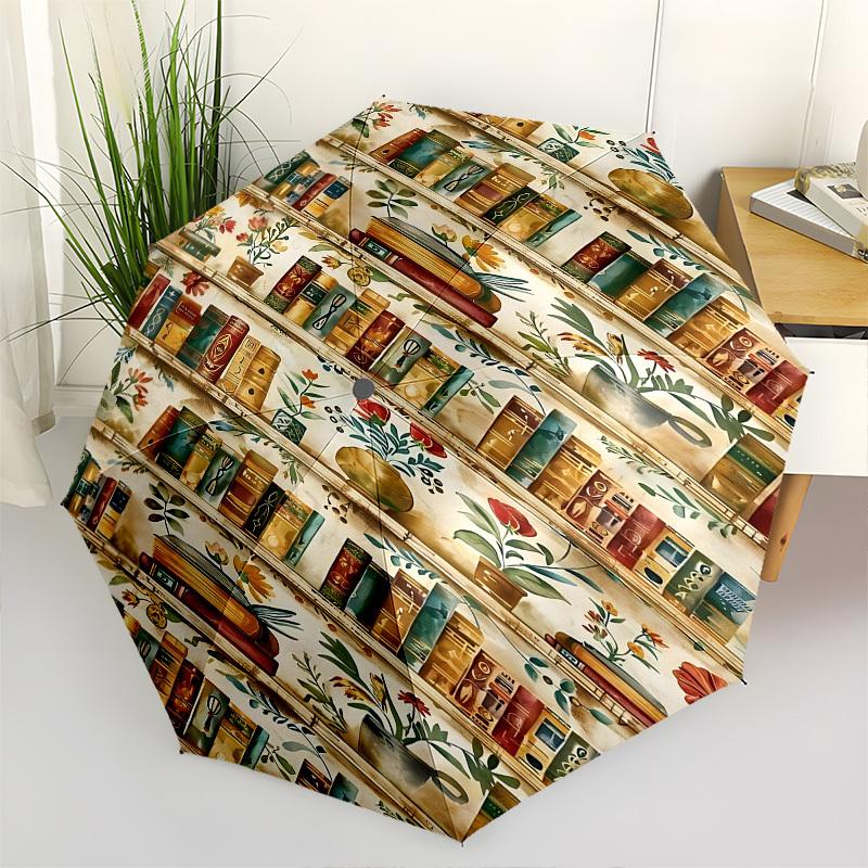 

Bookshelf Floral Themed Automatic Opening and Closing Umbrella, Brightly Colored 8 rib Portable Umbrella, Suitable for Men and Women, A Perf