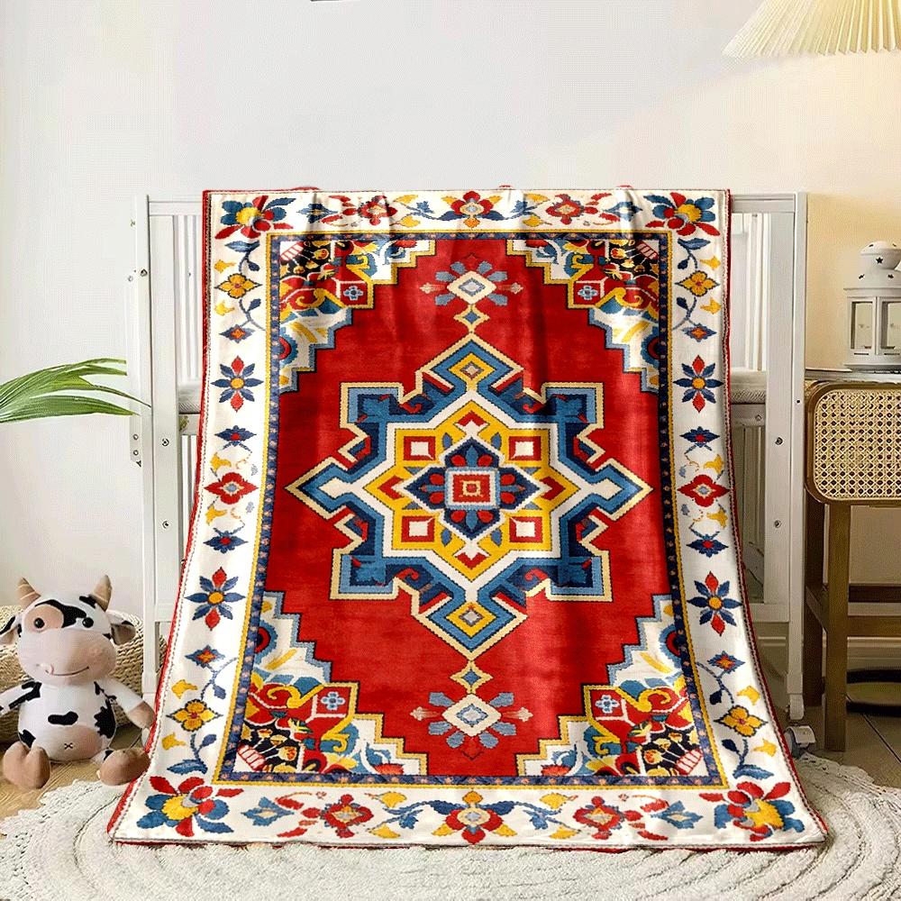 Geometric star motif with floral border on a red background. for all seasons blanket lunch break throw gift 80cm x 120cm