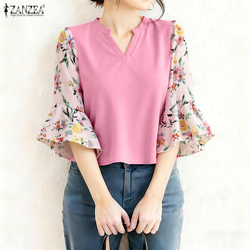 ZANZEA Women Floral Print Splice 3/4 Sleeve Casual V-Neck Blouse
