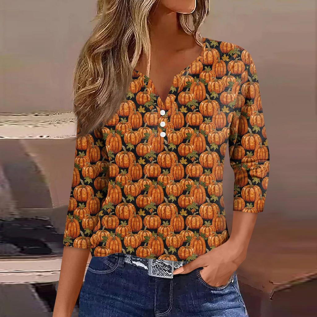 Women's Fashion Casual Halloween Printed V.Neck Short Sleeve Decorative Button Three.quarter Sleeve T-shirt Tor