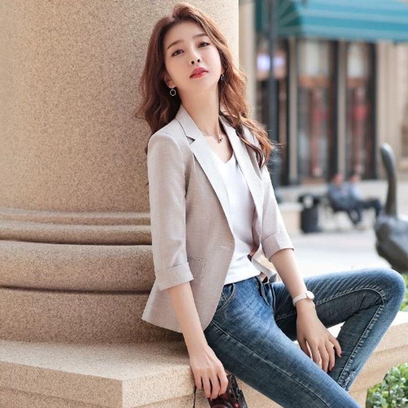 K-style Ol Young Casual One Button 3/4 Sleeve Pink Short Linen Small Suit Small Suit Outwear