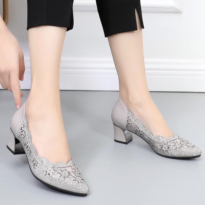 Summer Fashion Loafers Genuine Leather Pumps Women Luxury Medium Heel High Heels Mesh Ladies Office Shoes Sandals