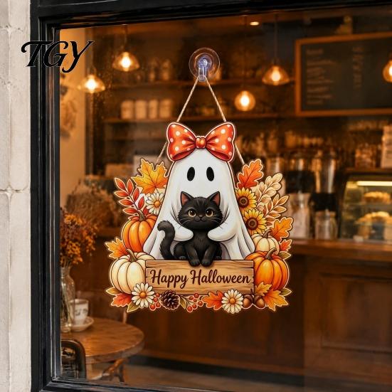 Autumn Theme Sign Halloween Wooden Hanging Sign, Happy Door with Gnomes/Ghosts, Retro Festive Window Harvest Festival Wall Decoration for Home