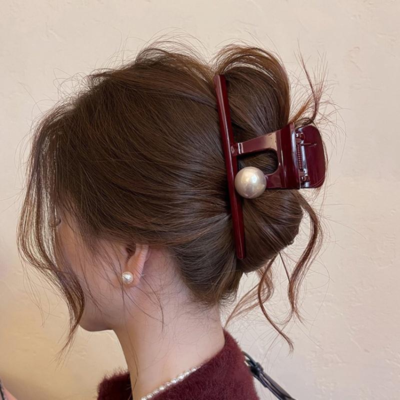 Große rote Perlenhaarspange für Damen Mädchen Kopfschmuck Einfache Haarnadel Haarvolumen Hai-Klammer Haarspange Hinterkopf Haaraccessoires