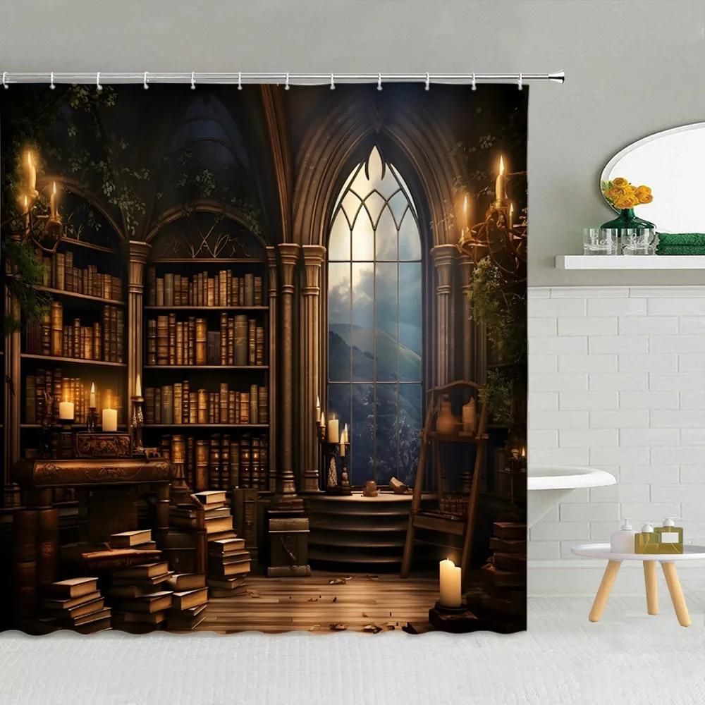 3D Library Shower Curtain, Vintage Bookshelf Books Gothic Magic Polyester Printed Fabric Bathroom Decorative Bathtub Accessories