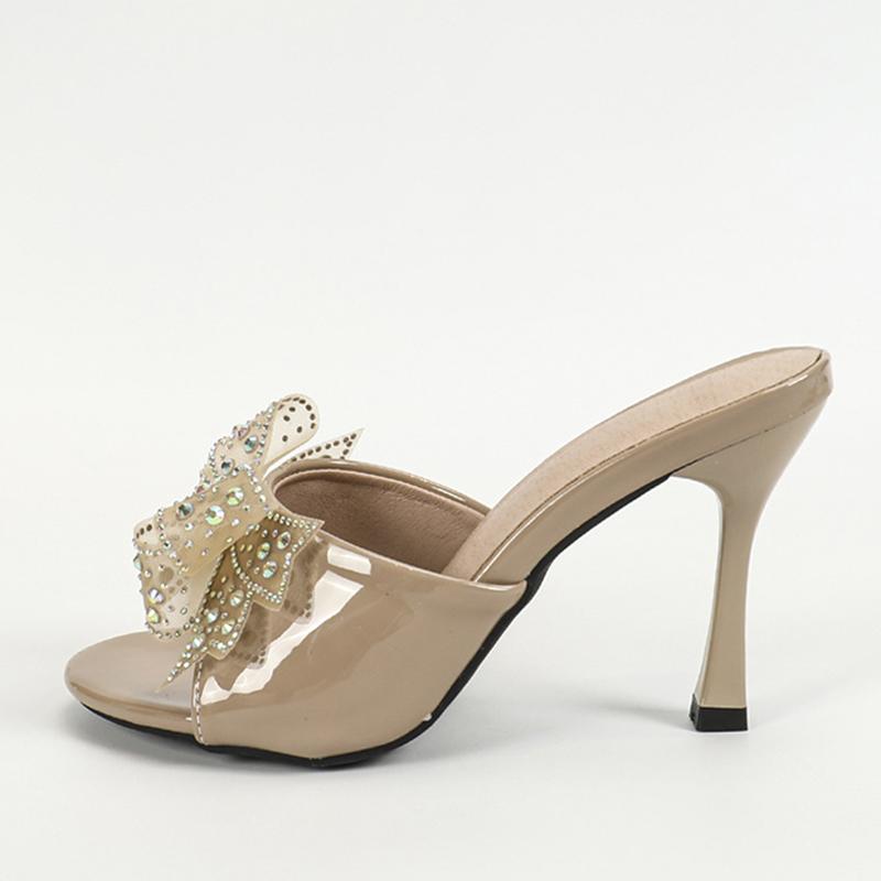 2025 New Arrivals Patent Leather Women Slippers Sandals Fashion Peep Toe Crystal Mesh Bowknot High Heels Summer Party Shoe