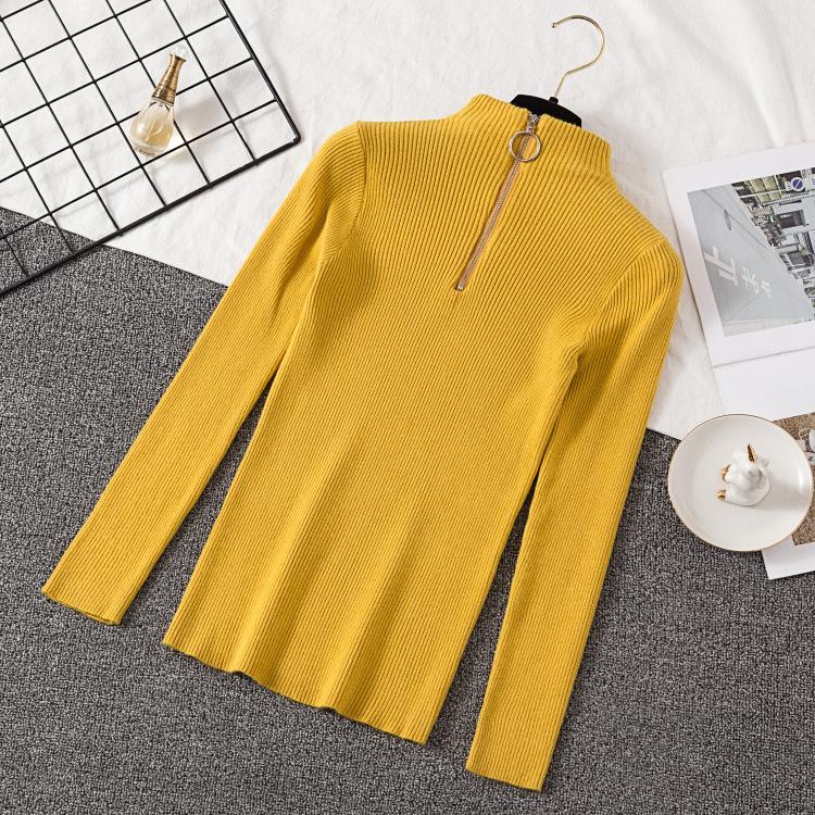 Knitted Women Zipper Half High Neck Ring Zipper Slim Top Sweater Pullovers Autumn Winter Basic Women Sweaters Slim Solid Knitwear Pull Femme Tops