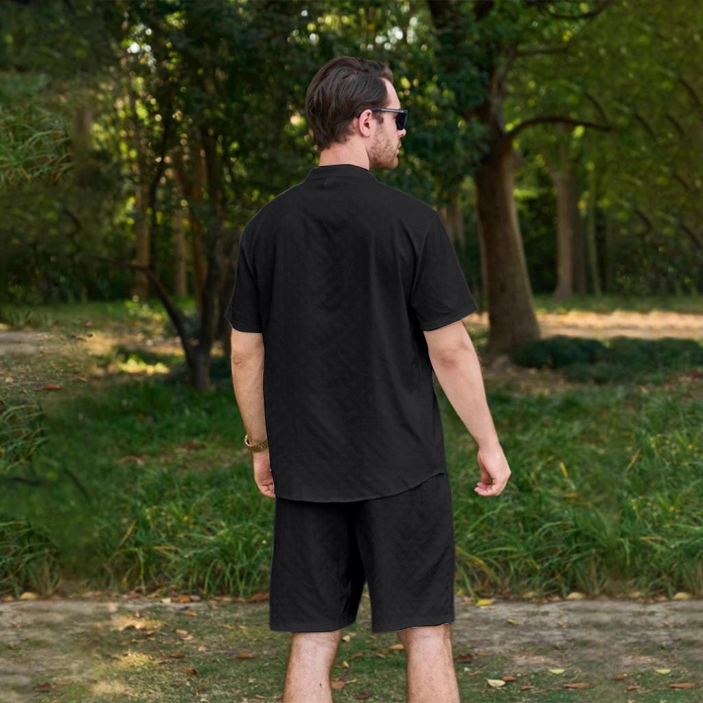 Stand-up Collar Button Short-sleeved T-shirt, Shirt And Shorts Set