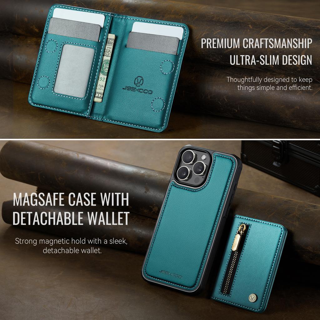 Etui JEEHOOD J12 do iPhone'a 14 Pro Magnetyczne Odpinany portfel na zamek Błyskawiczny Podpórka Skórzany tylny pokrowiec Kompatybilny z MagSafe