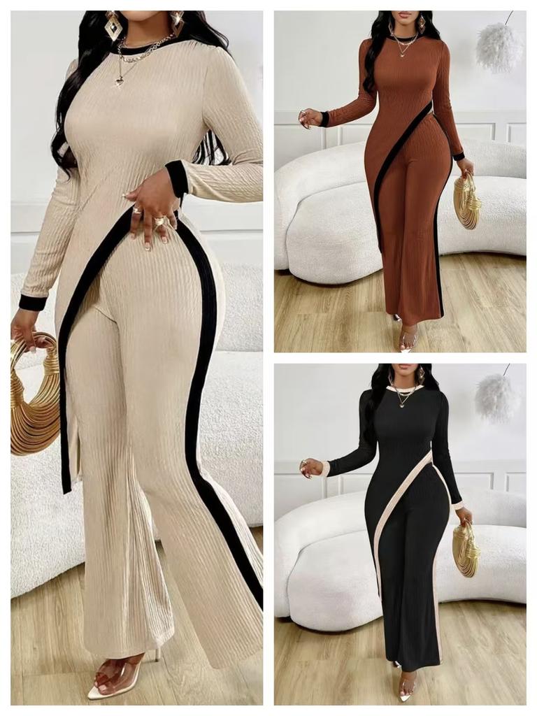 New Summer Women's Fashion Color Block Long Sleeve Side Slit T-Shirt + Patchwork Pants Set