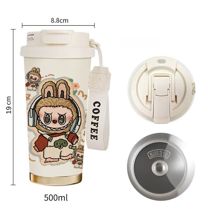 Kubek do kawy Labubu kubek termosowy z stali nierdzewnej 316 o wysokiej wartości męski i damski kubek na wodę kreskówkowy kubek ze słomką do picia podwójnego