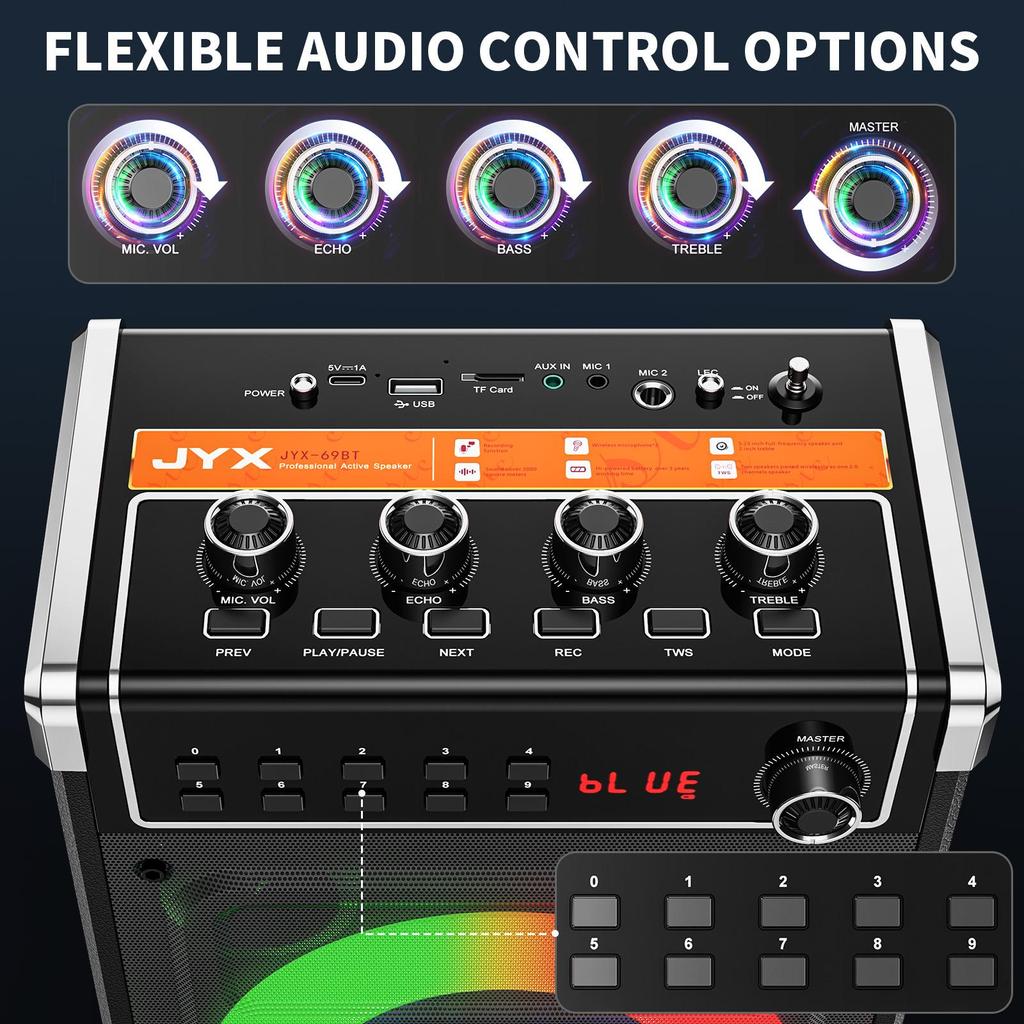 Karaoke Machine, Bluetooth Speaker with Bass/Treble/Echo Adjustment & LED Light, Support USB, SD Card, AUX, TWS, FM, REC