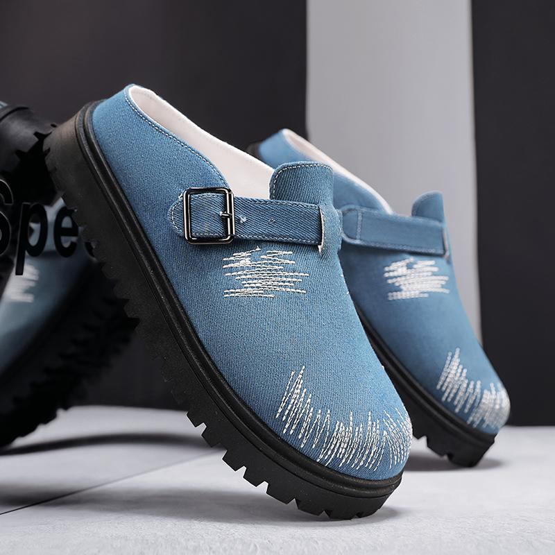 Fashion 2025 New Distress Thick Soled Slippers Round Toe Buckle Belt Slip On Retro Couples Shoes Summer Solid Leisure Concise Shoes