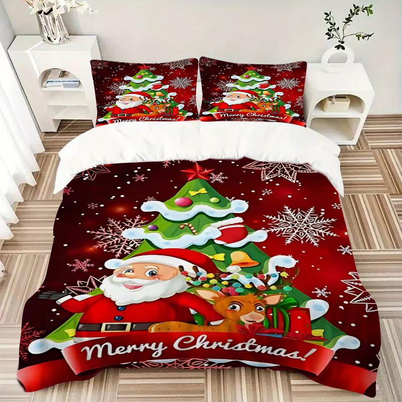 3pcs Merry Christmas! Santa Claus & Reindeer Bedding Set, Includes 1 Quilt Cover and 2 Pillowcases (No Core), Festive Gift for Bedroom