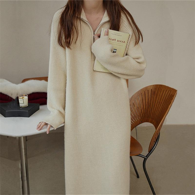 Over-knee Medium and Long Lapel Sweater Skirt Women's Autumn and Winter Loose and Lazy Inner Backing Knitted Dress Knitted Splicing