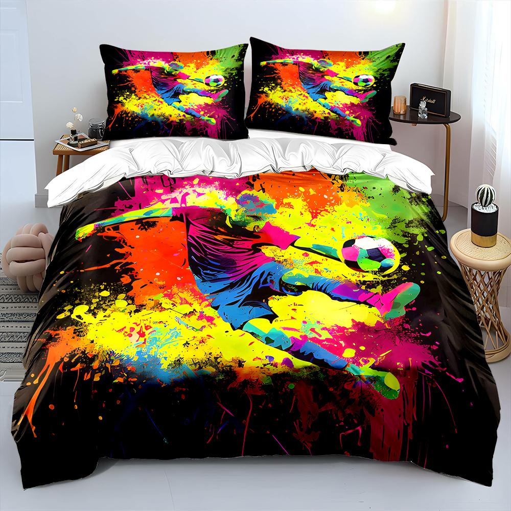 Farbspritzer Fußball Kick Art Muster Bettbezug-Set Digitaldruck Polyester Bettwäsche mit Reißverschluss für Kindergeschenke