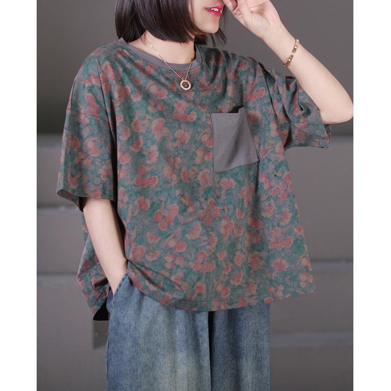 Women Summer Vintage Literature Loose Floral Cotton O-neck Short Sleeve Tshirt Women Clothes Casual Simplicity Large Size Tops