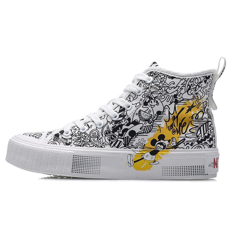 Chaussures montantes en toile respirantes résistantes à l'abrasion Disney x Li Ning pour femmes Noir Blanc AGCP338-5