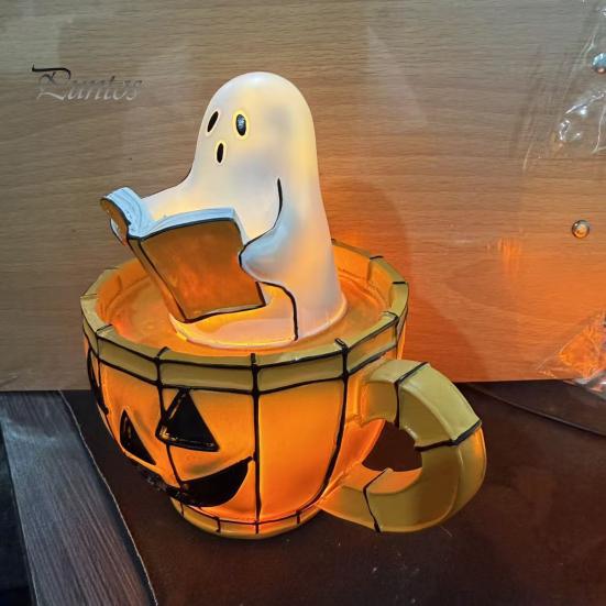Halloween Bedside Light Ghost Reading Book Lamp, Stained Glass Style Night Light, Resin Spooky Pumpkin Mug Lamp for Bedroom, Living Room, Party,