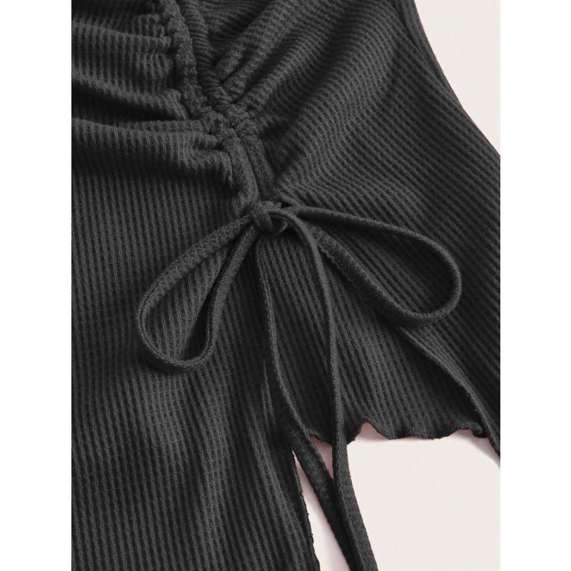 Women European Style Drawstring Irregular Slit Waffle Fitted Strapless Tube Crop Top
