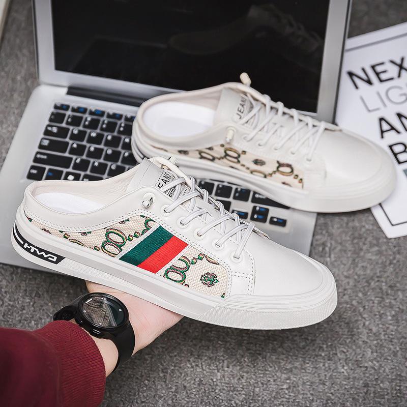 Men's shoes spring men's lazy canvas board shoes one pedal men's half drag heel-less new trendy shoes slippers