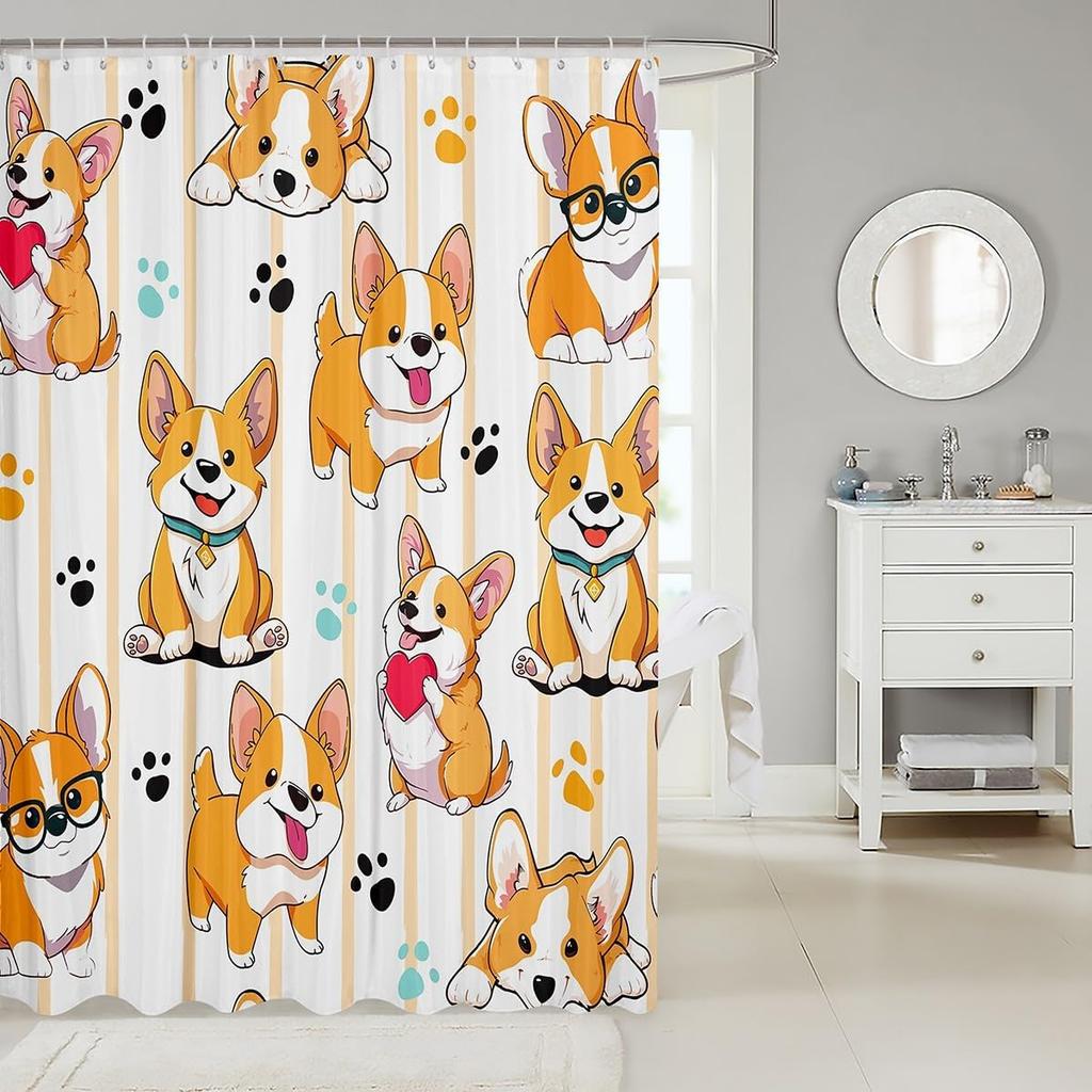 Puppy Shower Curtain Set Cartoon Corgi Shower Curtain for Teens Boys,Lovely Pup Dog Bath Curtain Doggy Cute Pet Toilet Lovely